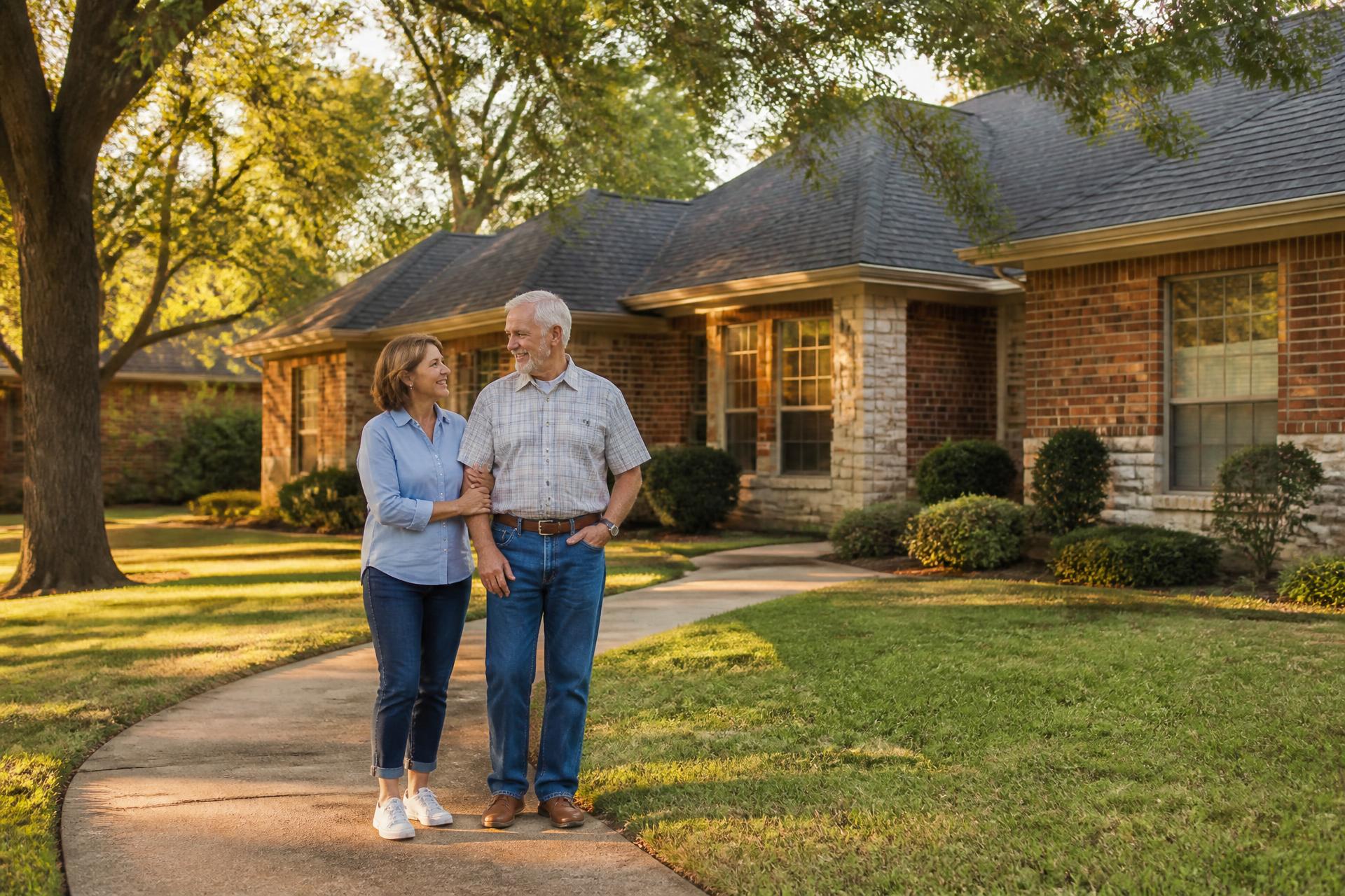 An independent couple in their sixties walking up to a brick North Texas home shaded by mature oak trees