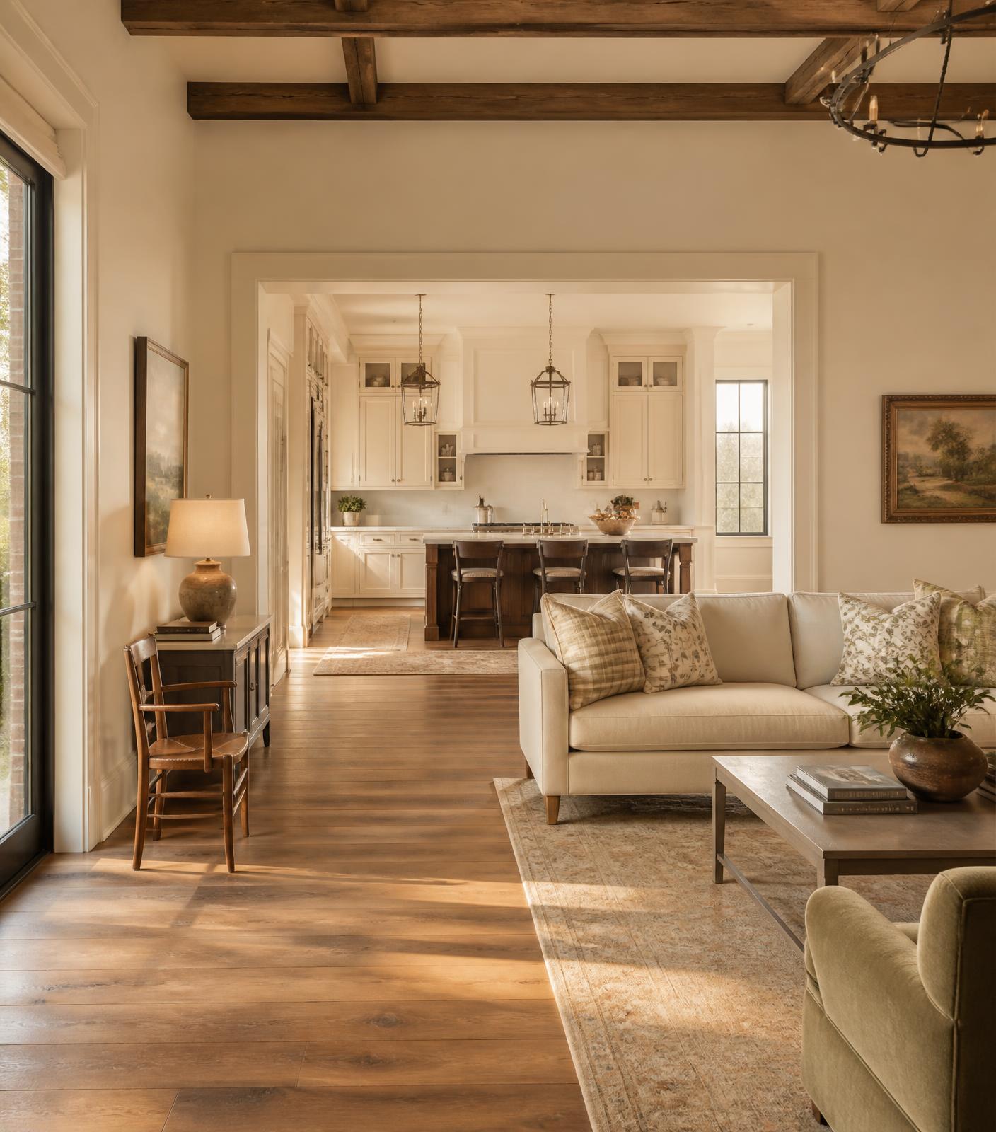 A bright single story living room opening into a kitchen with wide doorways and hardwood floors