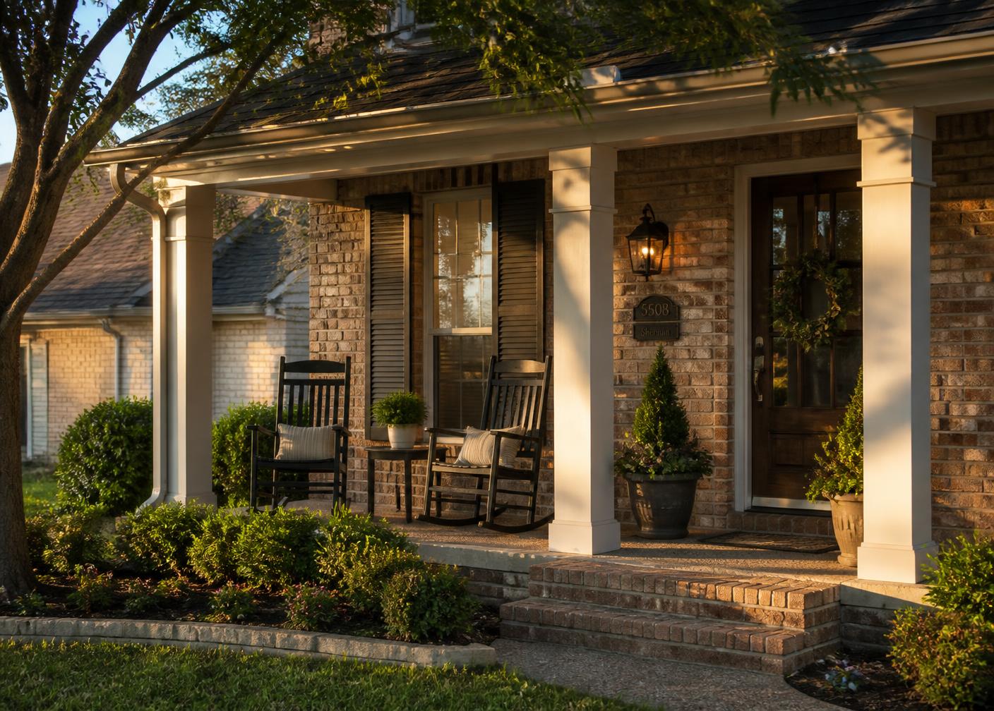 A shaded brick front porch with rocking chairs in warm late afternoon light